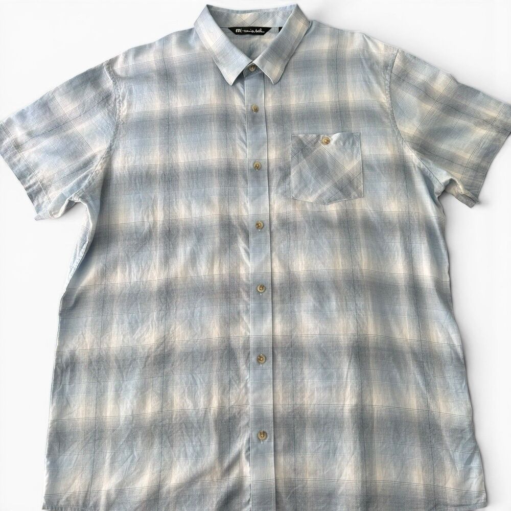 Travis‎ Mathew Short Sleeve Shirt Mens XL Collared Blue Plaid Check Golf Stretch